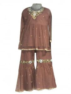 Brown Georgette Wedding Wear Lace Work Kids Sharara Style