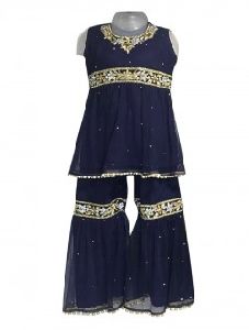 Navy Blue Georgette Wedding Wear Lace Work Kids Sharara Style