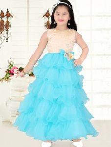 Sky Blue Net Festival Wear Patch Work Kids Gown