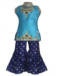 Sky Blue Silk Wedding Wear Embroidery Work Kids Sharara Style