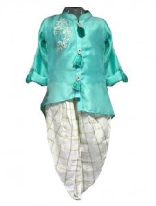 Teal Satin Casual Wear Embroidery Work Kids Dhoti Style