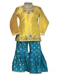 Yellow Silk Wedding Wear Embroidery Work Kids Sharara Style