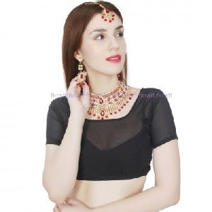 Bollywood Gold Plated Designer Party wear Zerconic Necklace Set Earrings tika In Dark Red