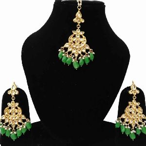 Designer Gold Plated Bridal Style Maang Tikka-Earrings Set