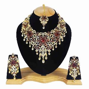 Party wear Zerconic Ethnic Necklace Set In Dark Red