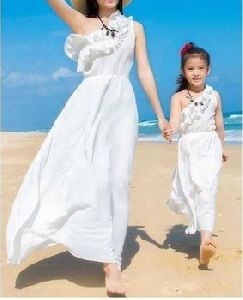 Mother Like Daughter Beach Party Summer One Side Flare Shoulder Dress