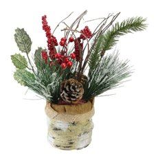 Iced Pine Cones Sprigs and Berries in a Burlap Basket Christmas Decoration