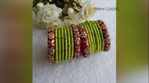 Silk thread green and pink colour bangles set