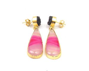 Agate and Black Druzy Gemstone Stud Earring with Gold Plated