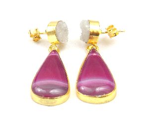 Agate and White Druzy Gemstone Stud Earring with Gold Plated