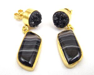 Black Agate and Black Druzy Gemstone Stud Earring with Gold Plated