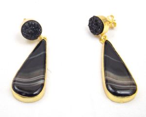 Black Agate and Black Druzy Gemstone Stud Earring With Gold Plated