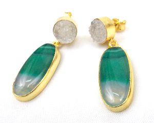 Blue Agate and White Druzy Gemstone Stud Earring with gold plated