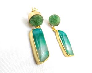 Green Agate and Green Druzy Gemstone Stud Earring With Gold Plated