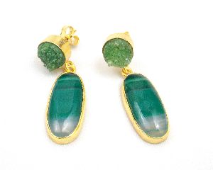 Green Agate and Green Druzy Gemstone Stud Earring with gold plated