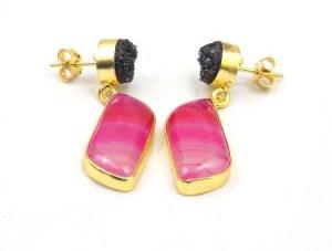 Pink Agate and Black Druzy Gemstone Stud Earring With Gold Plated