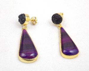 Purple Agate and Black Druzy Gemstone Stud Earring with Gold Plated