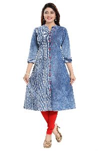 Dare To Dream roll up red button denim front open a-line long kurti