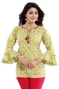 Drama Mama Lemon Green Short Kurti Top With Frilled Sleeves And Pom Pom Accessory