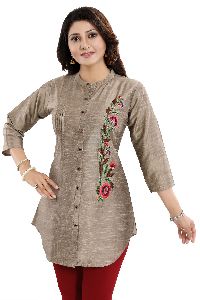 Elite Raw Silk Shirt-Style Tunic Top With Multi-coloured Graceful Embroidery