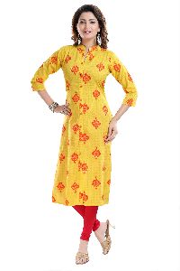 Flamboyant Yellow Long Cotton Printed Tunic With Shirt Style Silhouette