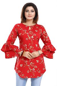 Floral Attire Red Poly Crepe Short Kurta With Frilled Sleeves