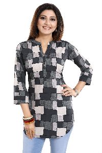 Graceful Gray Printed Poly Crepe Short Tunic Top For Women