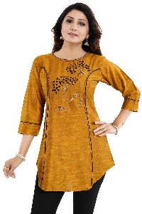 Mustard Short Tunic Top For Women With Graceful Embroidery