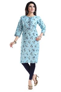 Sky Blue Jute Cotton Printed Kurta For Everyday Wear With Befitting Buttons