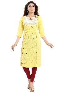 Vibrant Yellow Cotton Long Chicken Tunic With Pom Pom Accessory For Women