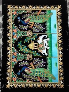 Embroidered Peacock And Elephant Wall Hanging