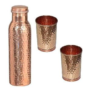 Hammered Copper Bottle with Glass Set