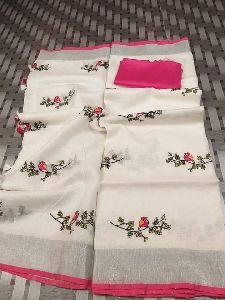 linen embroidery saree