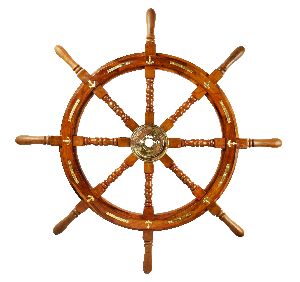 Wooden ship wheel with brass anchor & script