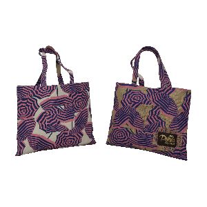 two color overall print jute reversible tote bag