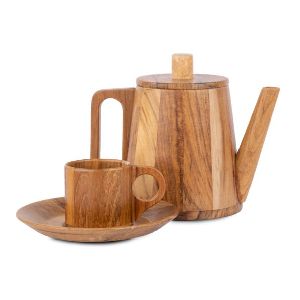 Flat Wooden Cup & Saucer Set with Kettle