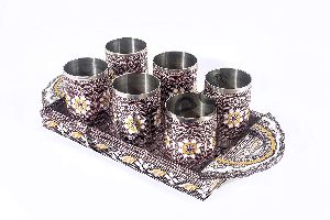 Meenakari Wooden Serving Tray with Glass