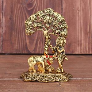 Krishna with Cow Standing Under Tree Plying Flute Decorative Showpiece - 17 cm (Metal, Gold)