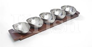Oval Sauce Bowl With Wooden Tray Set - 5 Pcs