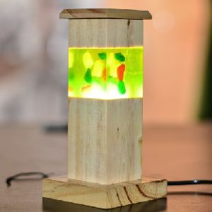 Wooden Resin Lamp Neon Green With Colored Pebbles