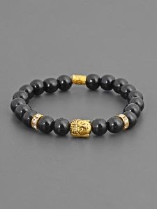 Buddha and Black Colored Stones Adjustable Mens Bracelet