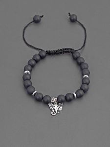 Ganesha and Black Colored Stones Oxidised Silver Plated Mens Bracelet