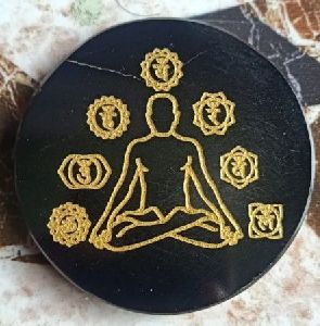 Black Tourmaline Disc with Buddha Seven Chakra Sanskrit Engraved