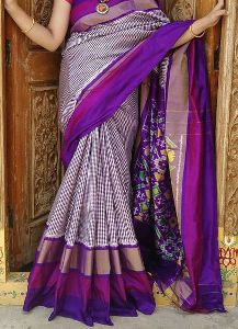 Ikkat Silk Purple Color Checks Saree