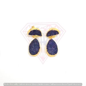 Classic Stud Earring With Blue Colour Druzy Gemstone