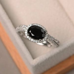 Oval Cut Black Diamond Wedding Ring in 14k White Gold