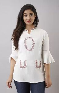 Bell Sleeves Embroidered Women White Top
