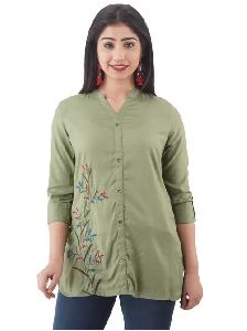 Casual Regular Sleeves Embroidered Women Green Top