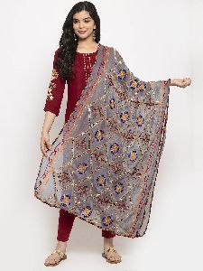 Grey Embellished Net Dupatta