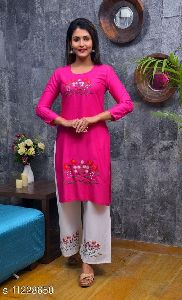 Pink Double Embroidery Kurtis With Palazzo